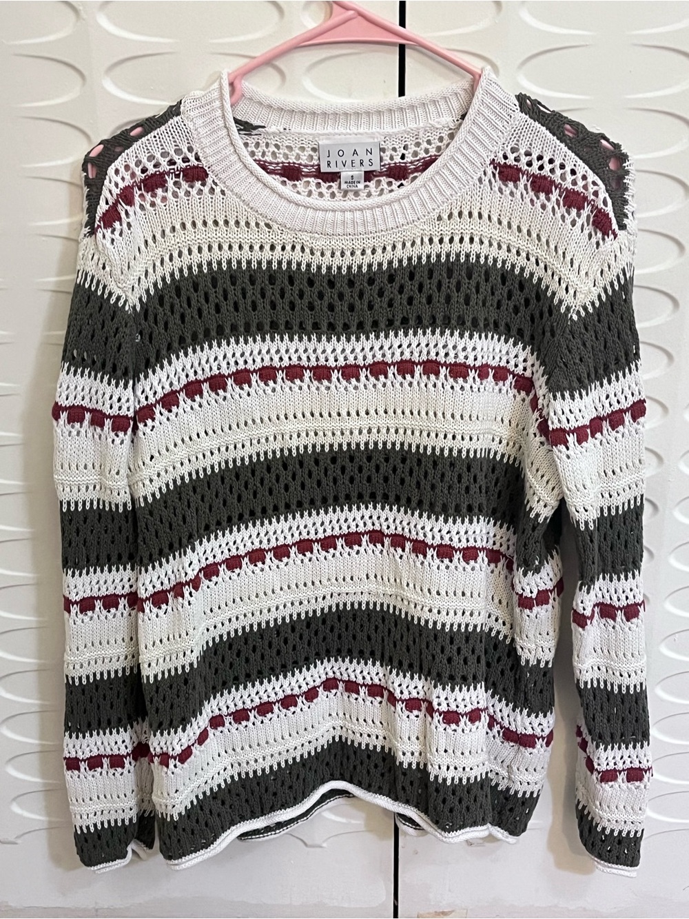 Joan Rivers Women’s Small Red Green White Striped Open-Knit Sweater